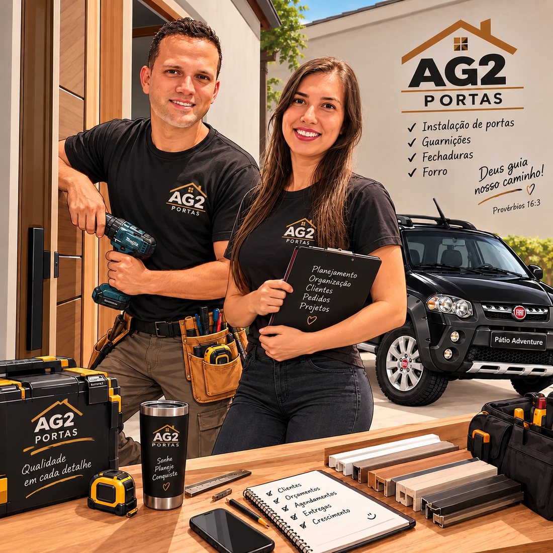 Andrei e Tatiane, da AG2 Portas, com a camiseta da marca, ferramentas, maleta de trabalho e o carro da empresa